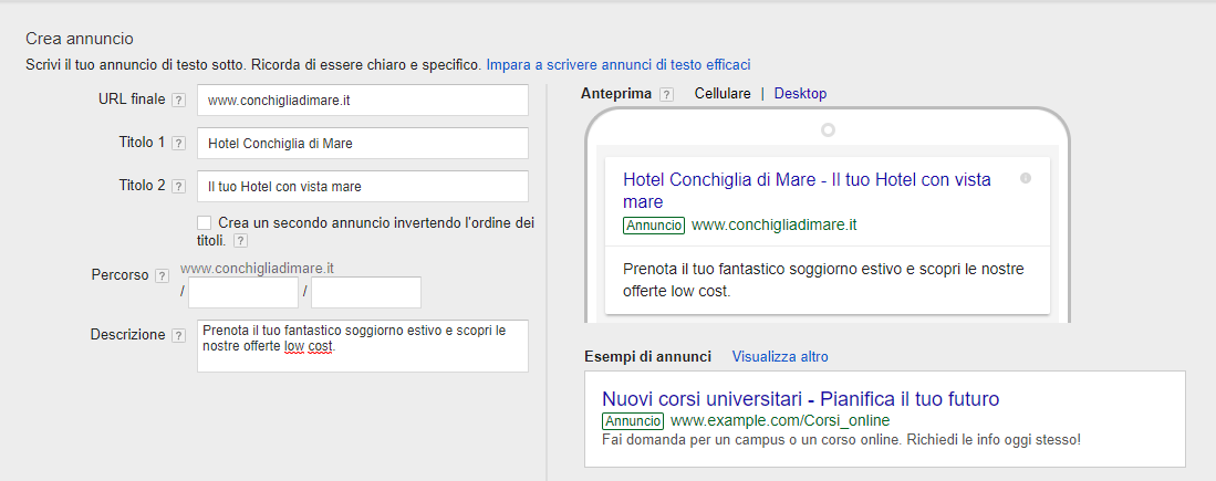 Creare annuncio Google Adwords