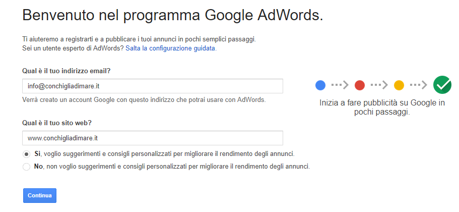 Google Adwords - schermata di benvenuto