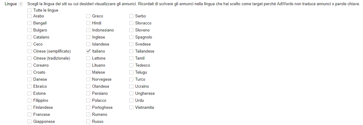 Targeting Lingue Google Adwords